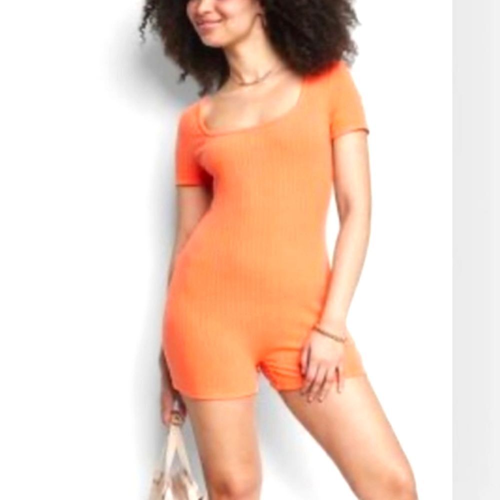 Womens Orange  Short Sleeve Lace Up Back Fitted Romper - Picture 2 of 6